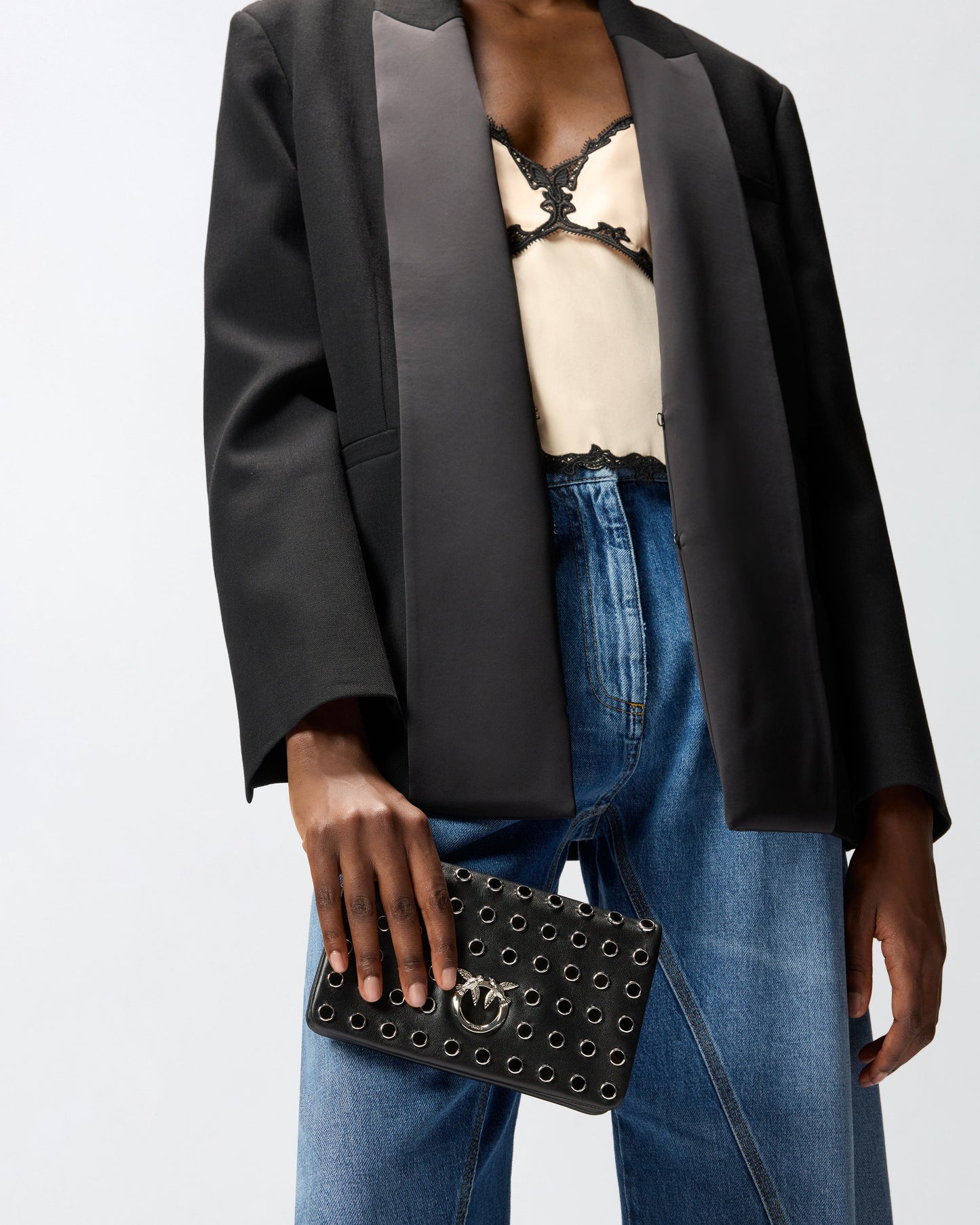 Love Bag Click Soft Horizontal Mini crossbody clutch in leather with studs