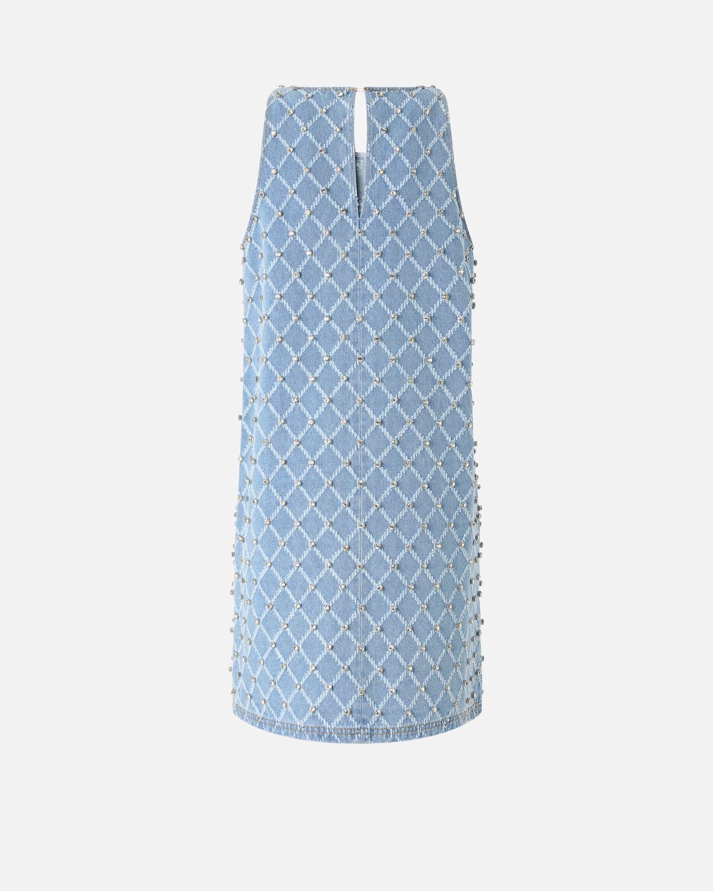 Denim mini dress with diamond and rhinestone motif