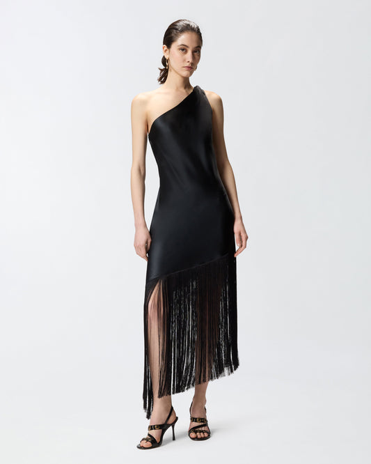 Satin one-shoulder mini dress with fringing