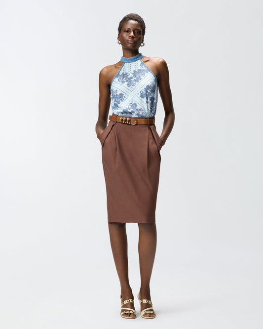 Denim top with scarf print