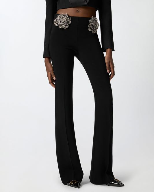 Trousers with embroidered jewel roses
