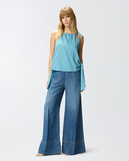 Striped top with thin shoulder straps and bows