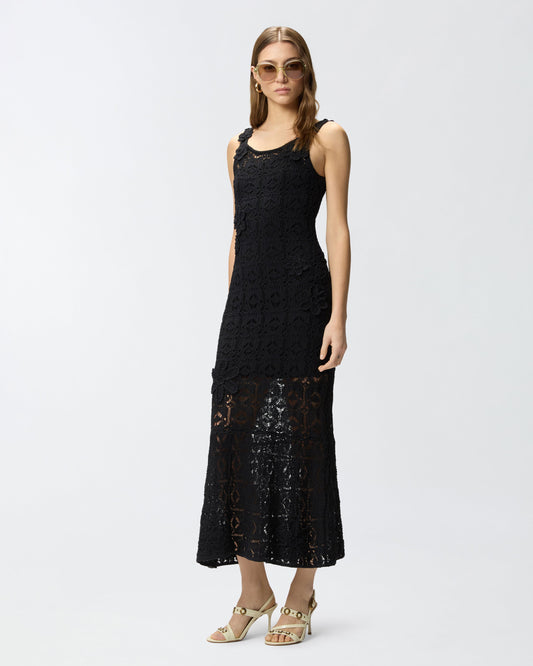 Crochet-effect midi dress with appliqué flowers
