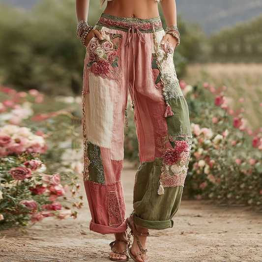 Love & Health Kollektion Retro-Rosen- und Blumen-Patchwork-Leinenhose