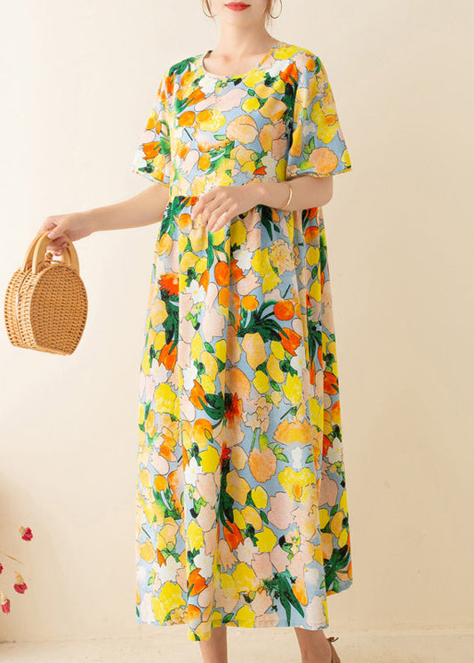 Italienische gelbe bedruckte Tuniken O-Ausschnitt Patchwork lockere Sommerkleider