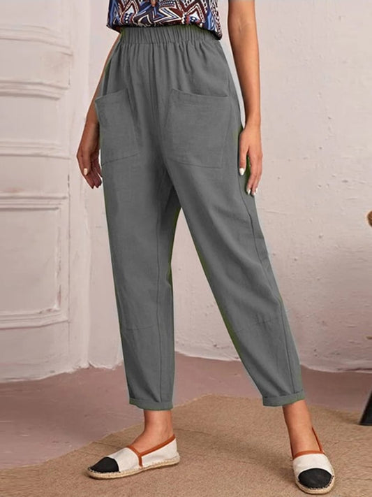 Freizeithose aus Baumwolle und Leinen mit elastischem Bund und doppelten aufgesetzten Taschen