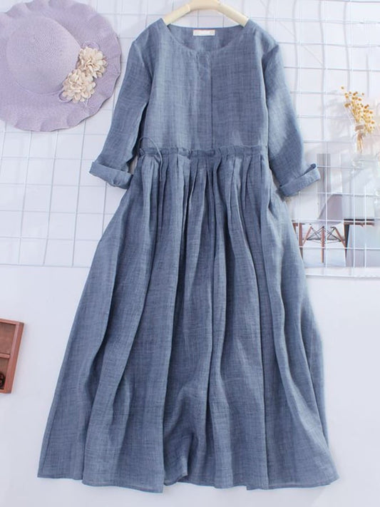 Halbarm Baumwolle Leinen Lockeres Schnürkleid mit weitem Rock