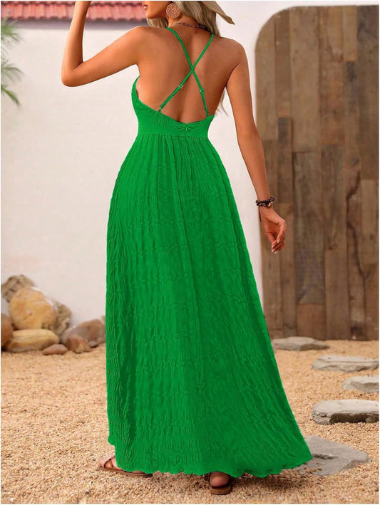 MakeMeChic Damen Boho V-Ausschnitt Ärmelloses Maxi-Sommerkleid Geblümt Kreuz und quer rückenfrei Ausgestelltes Cami-Kleid