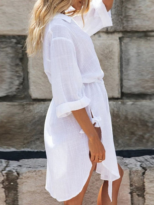 Damen Baumwoll-Leinen sexy Kleid mit halben Ärmeln, Knopfleiste und Schlitz
