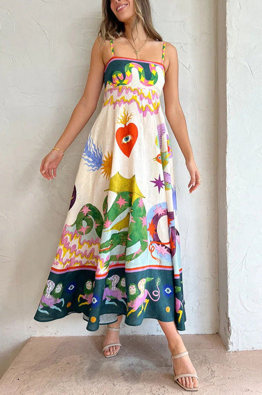 Midikleid aus Leinenmischung mit einzigartigem Print, gesmoktem Rückenteil und Taschen