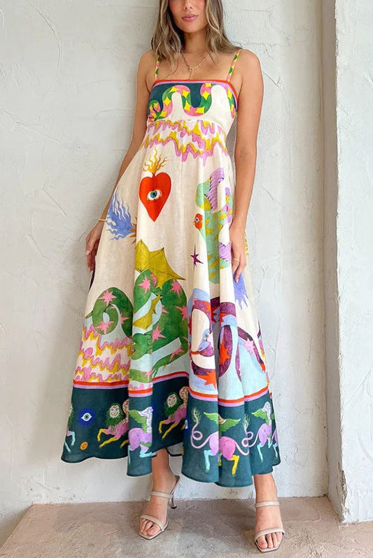 Midikleid aus Leinenmischung mit einzigartigem Print, gesmoktem Rückenteil und Taschen
