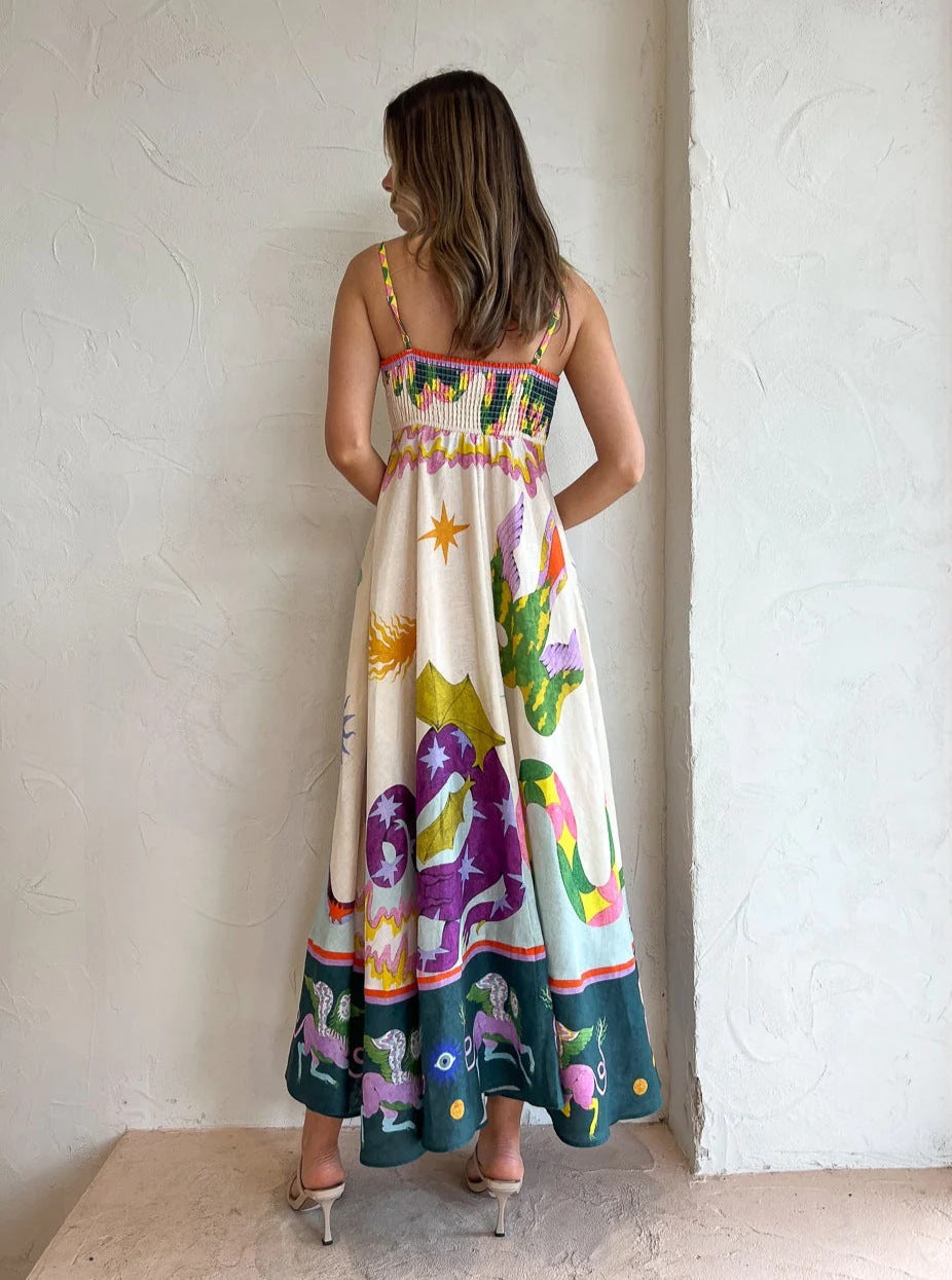 Midikleid aus Leinenmischung mit einzigartigem Print, gesmokter Rückseite und Taschen