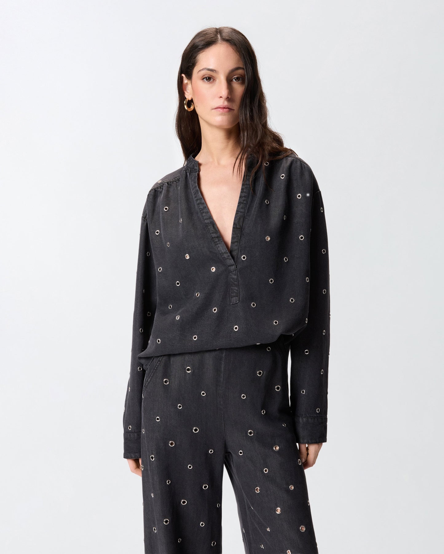 Dark denim blouse with eyelets