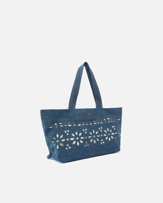 Medium shopper bag in denim with broderie anglaise