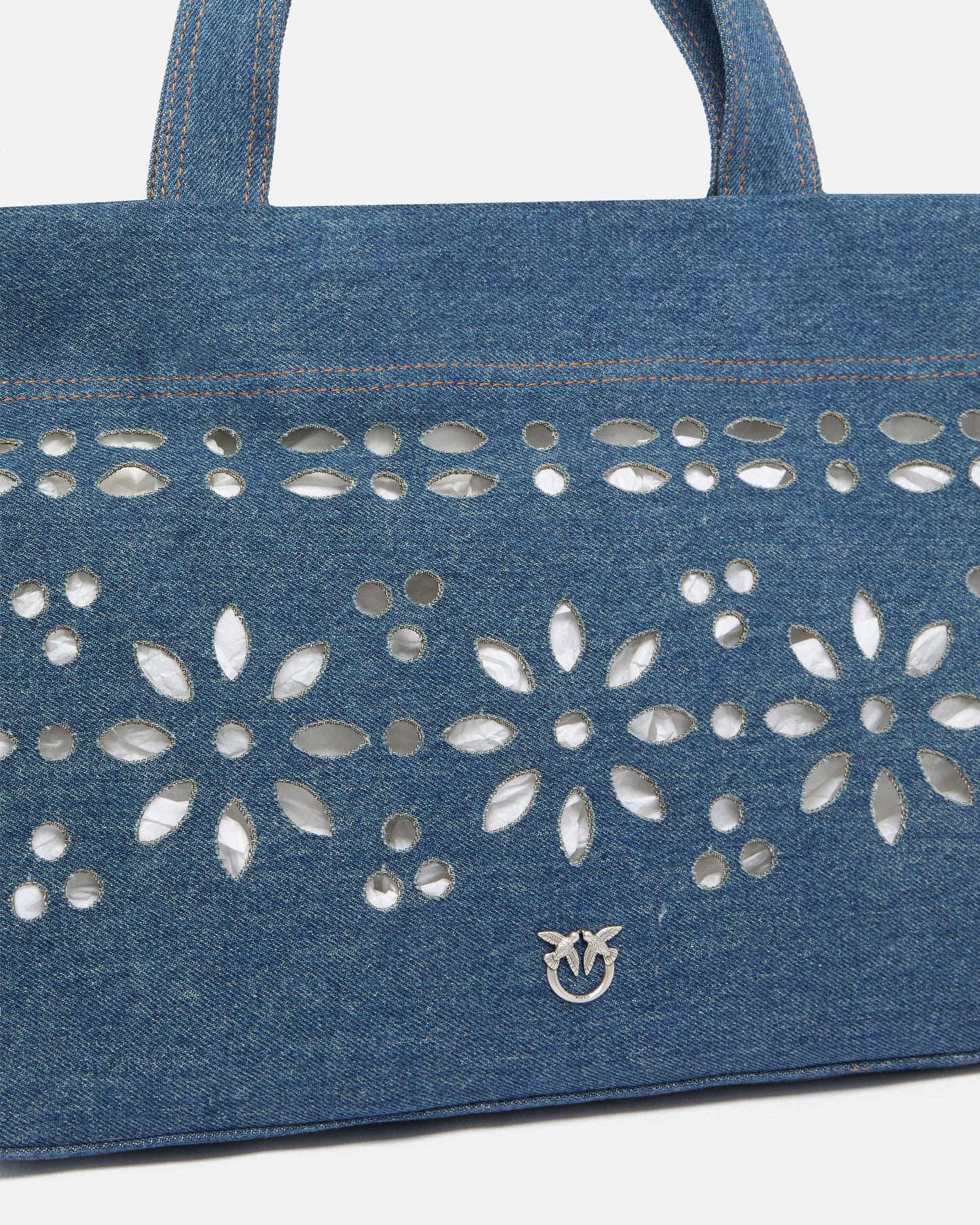 Medium shopper bag in denim with broderie anglaise