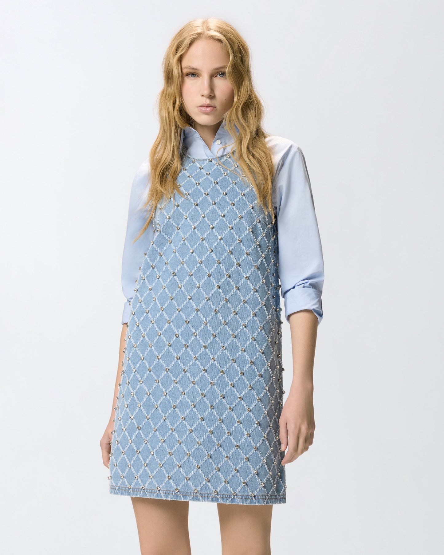 Denim mini dress with diamond and rhinestone motif