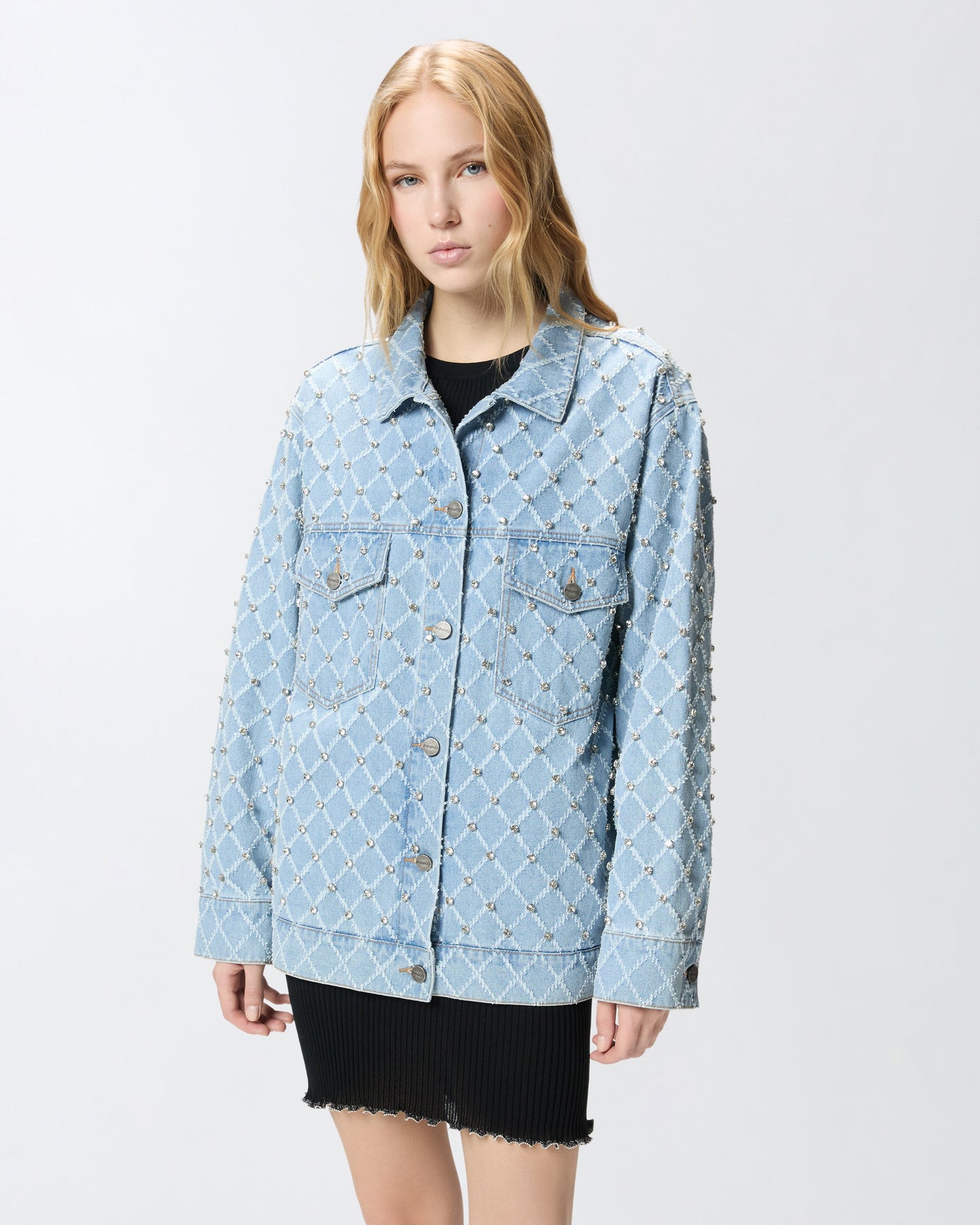 Denim jacket with diamond and rhinestone motif
