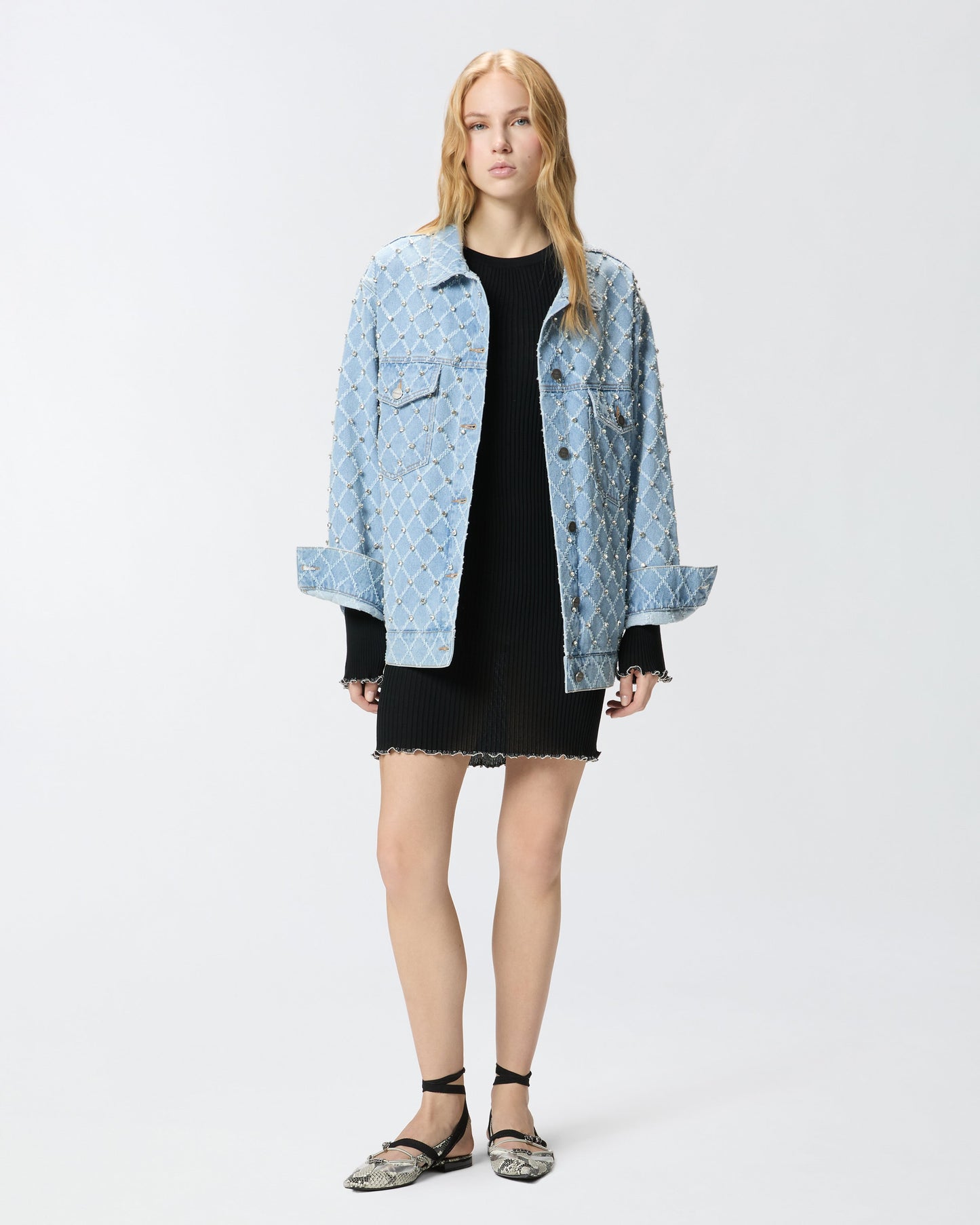 Denim jacket with diamond and rhinestone motif
