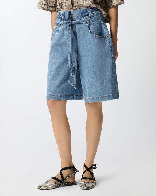 Wide-leg denim Bermuda shorts with belt