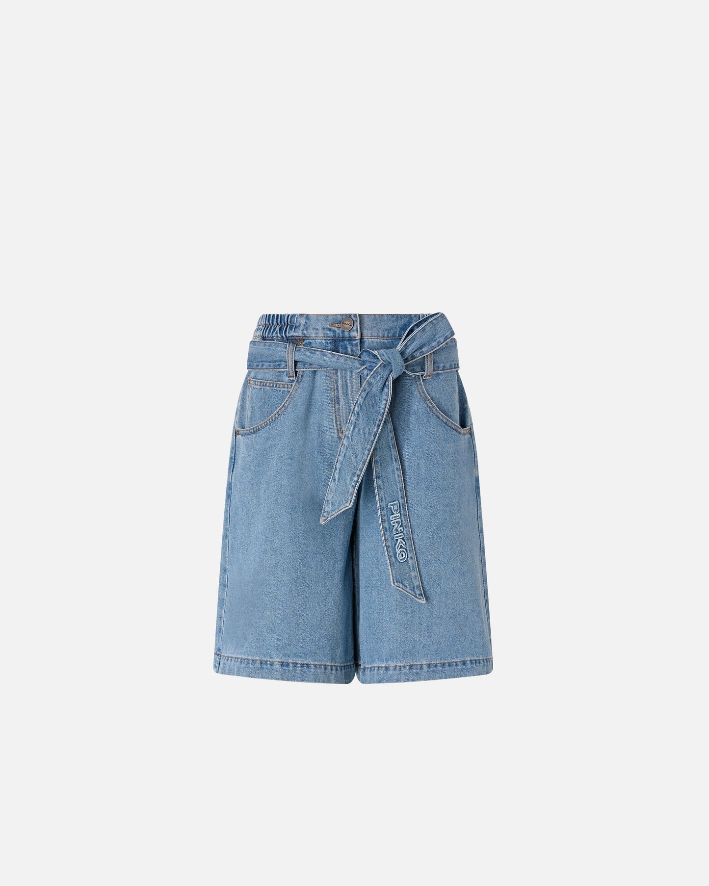 Wide-leg denim Bermuda shorts with belt