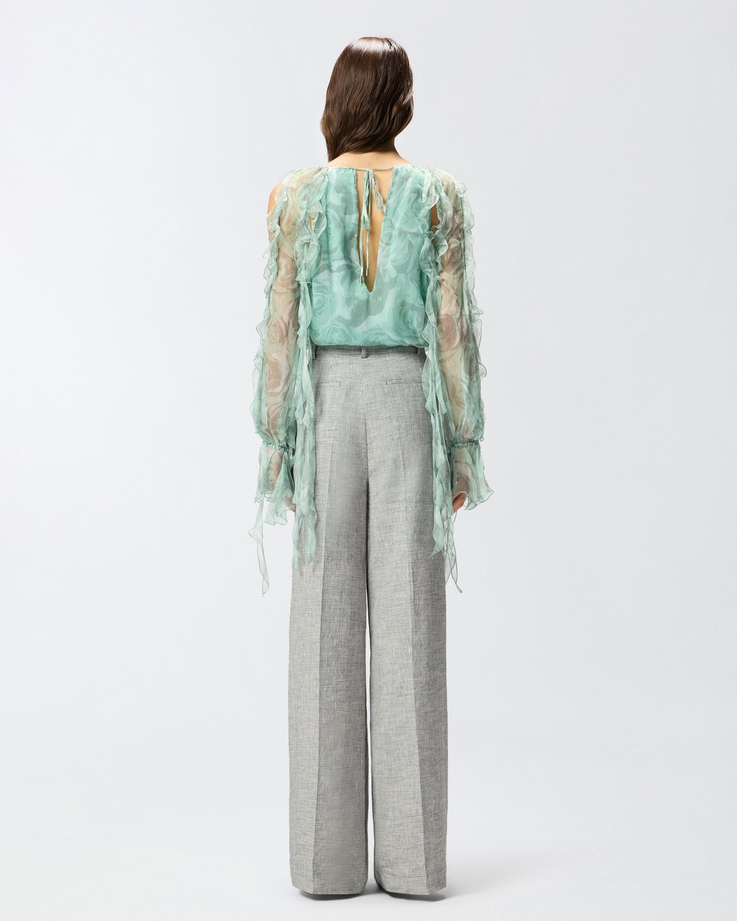 Silk blouse with rose print and open shoulders