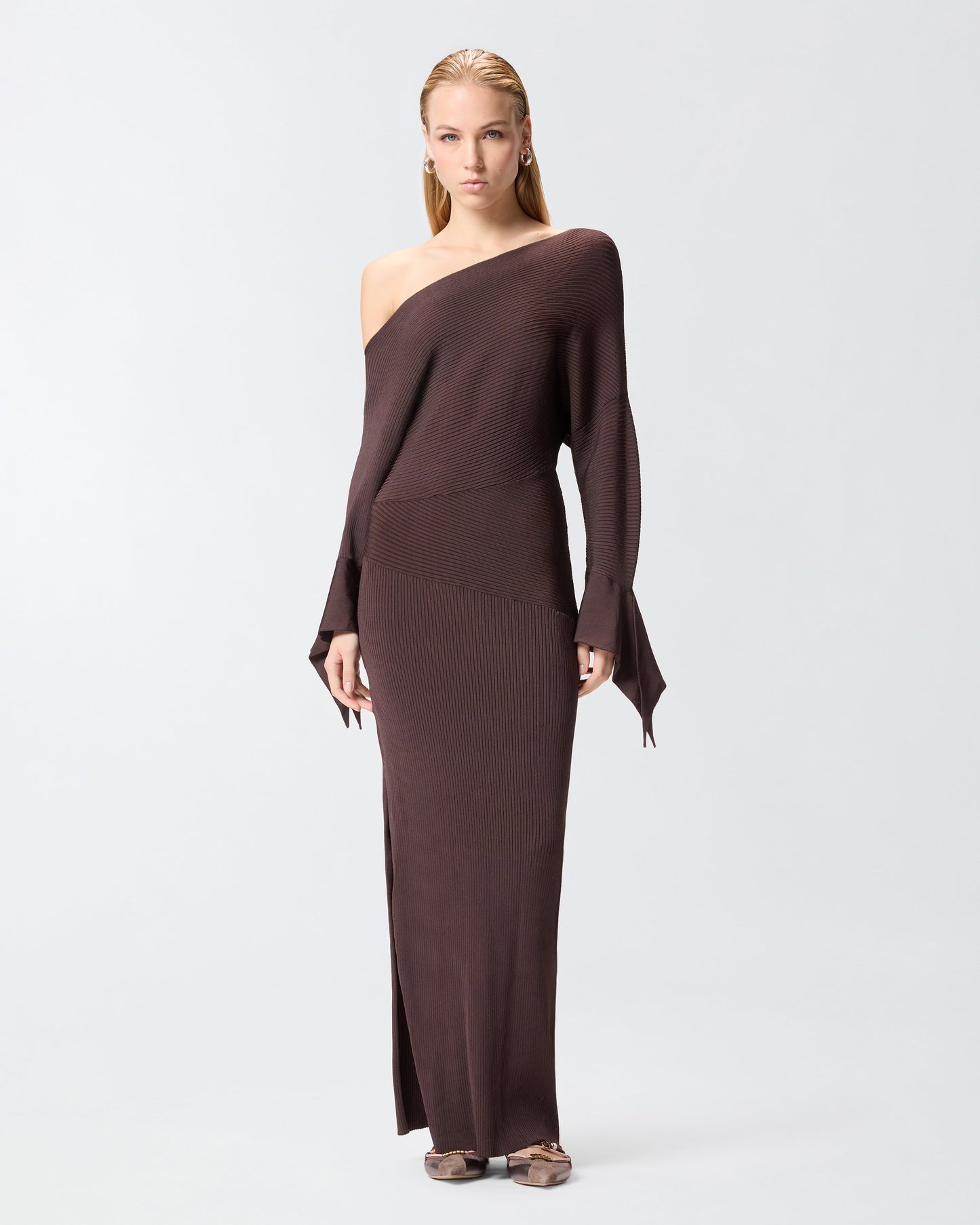 Long rib-knit dress with asymmetrical neckline