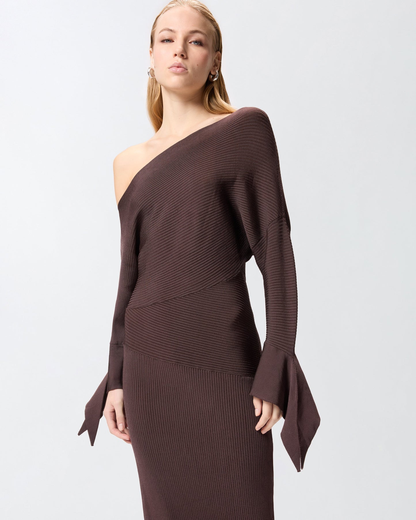 Long rib-knit dress with asymmetrical neckline
