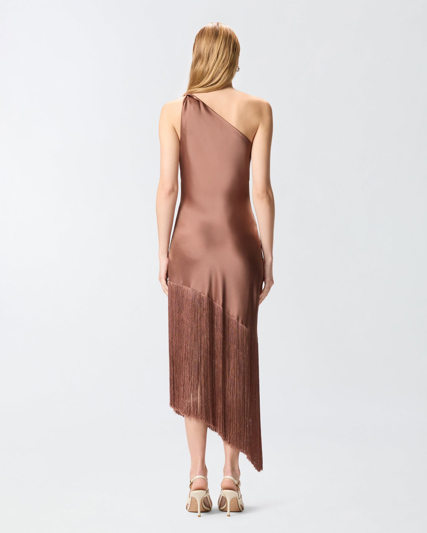 Satin one-shoulder mini dress with fringing