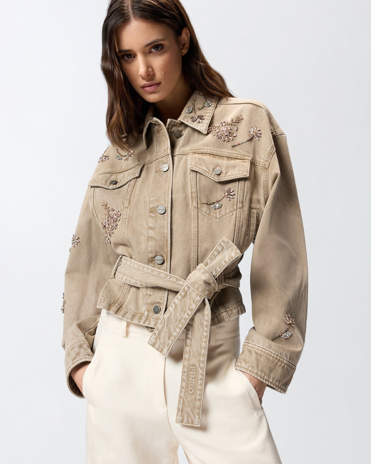 Brown denim jacket with jewel embroidery