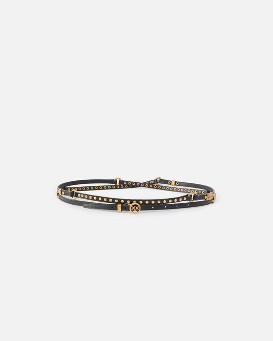 Double-wrap leather belt with studs and branded rings, 1 cm