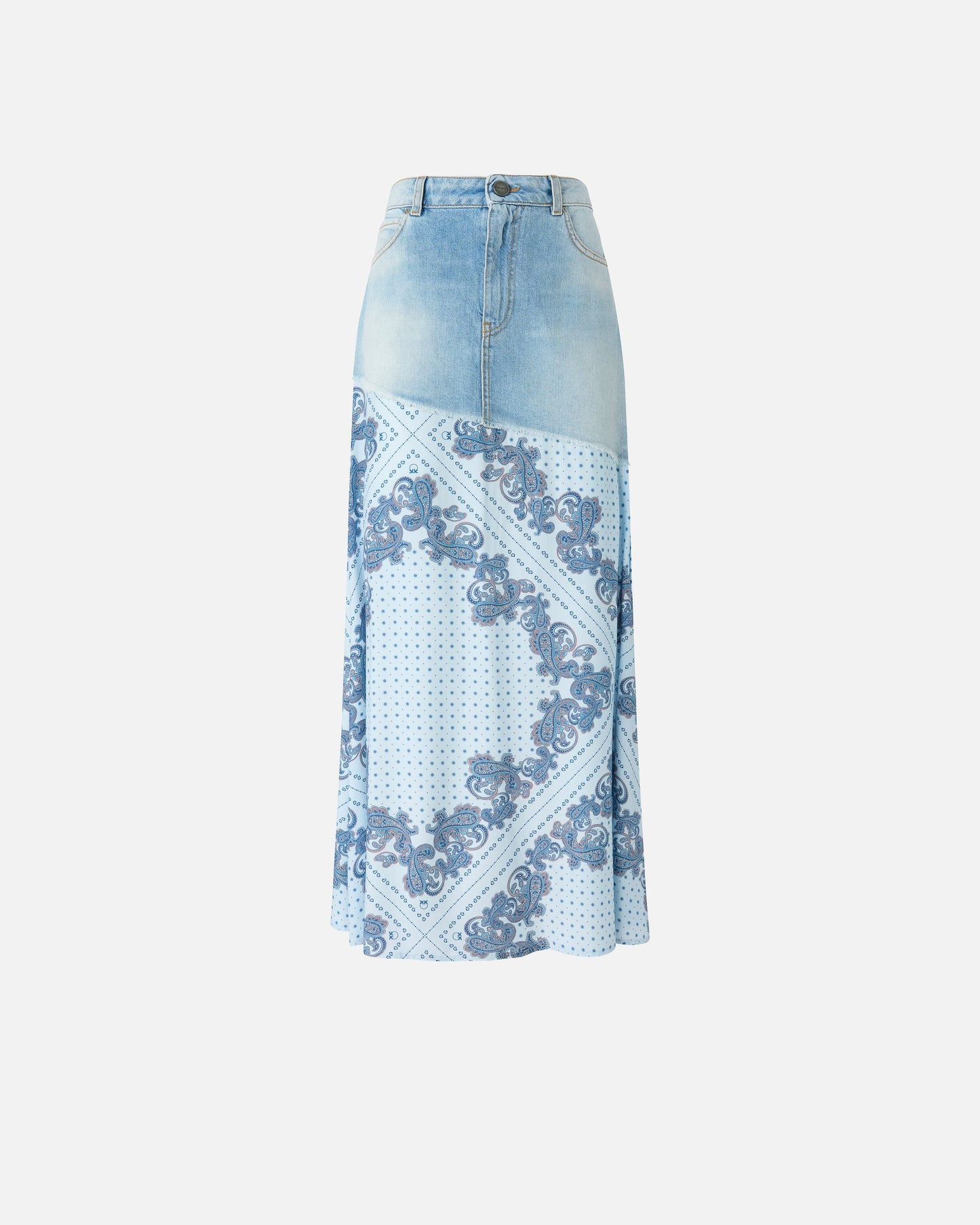 Denim midi skirt with scarf print