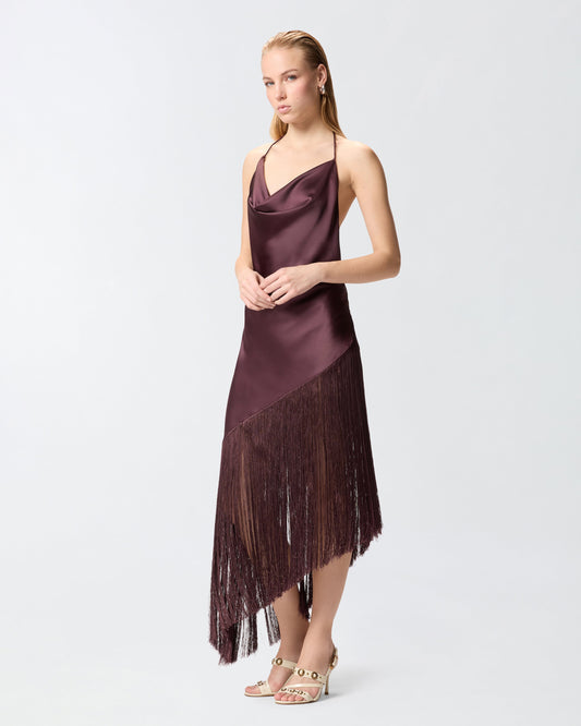 Asymmetrical top in satin with fringes