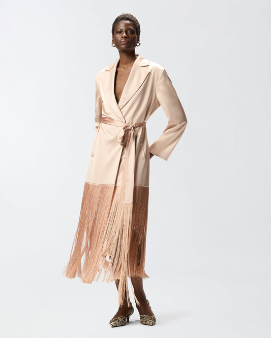 Satin trench coat with fringing