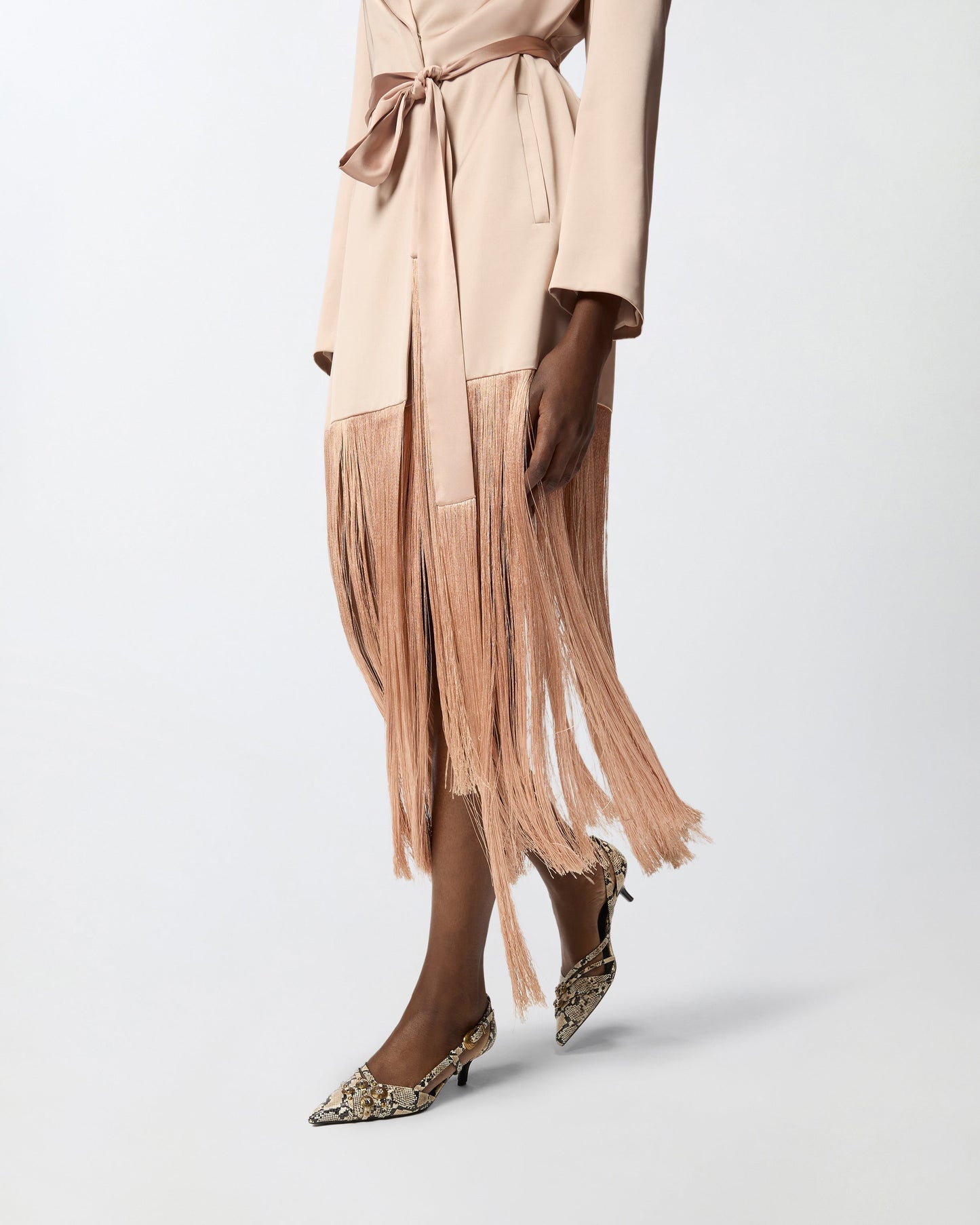 Satin trench coat with fringing