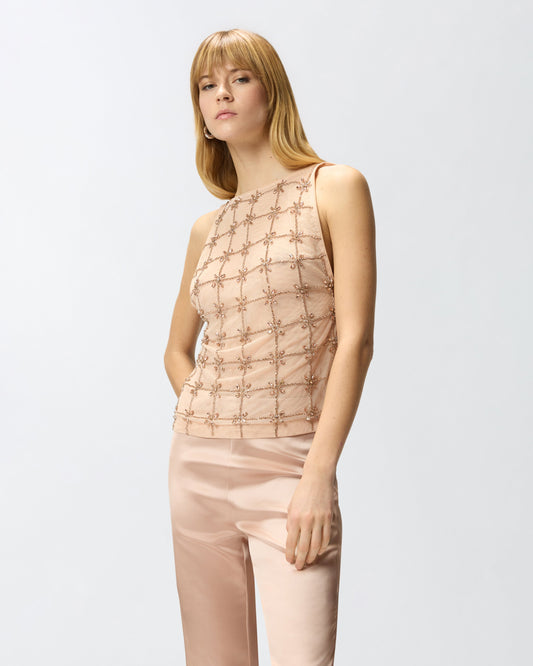 Sleeveless tulle top with crystals