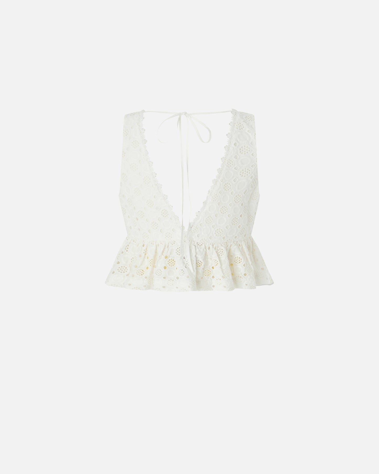 Crop top with ruffle and openwork pattern