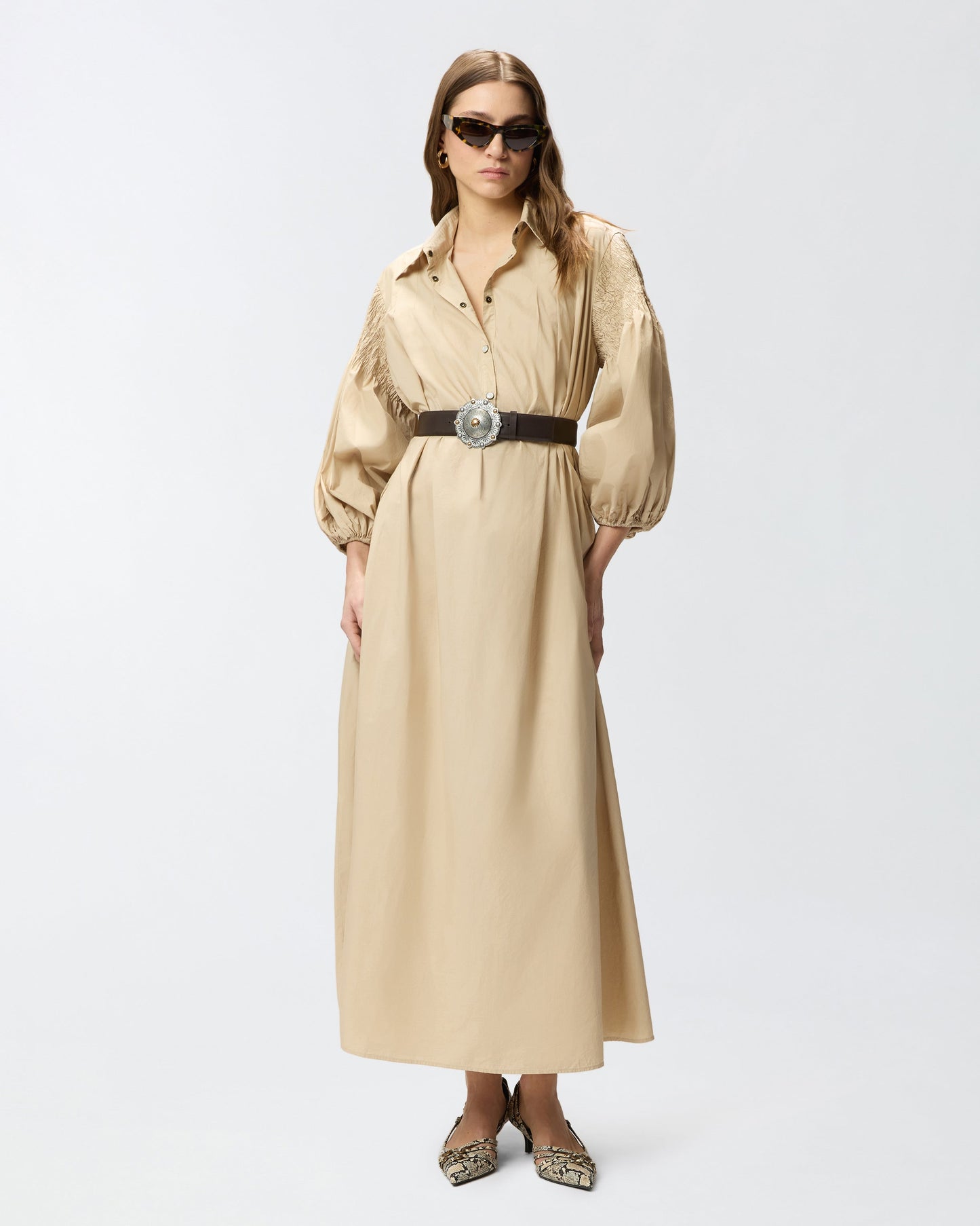 Long shirt dress in cotton with belt