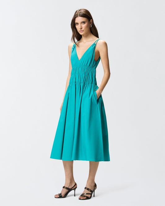 Sleeveless midi dress with pleats and gathering
