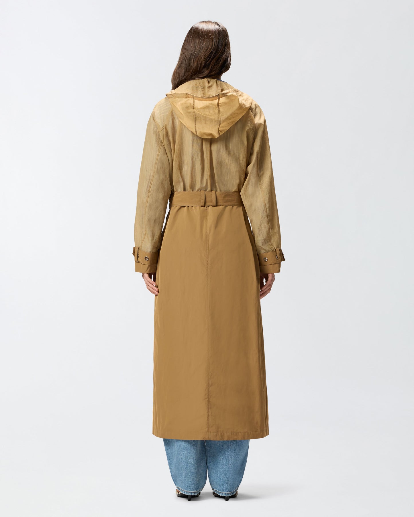 Trench coat with sheer inserts