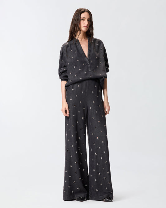 Wide-leg jeans in dark denim with eyelets