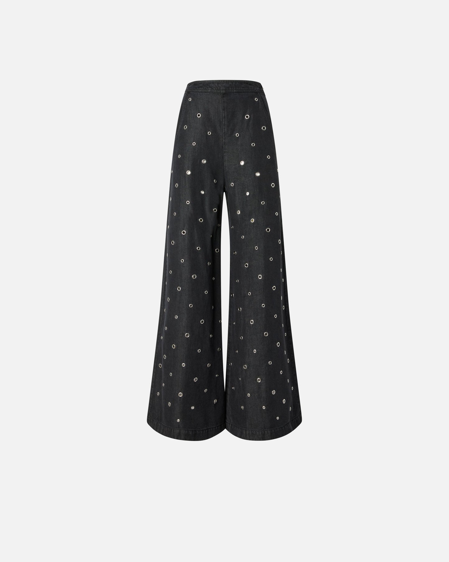 Wide-leg jeans in dark denim with eyelets