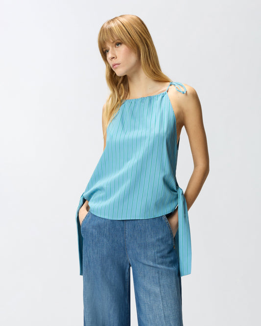 Striped top with thin shoulder straps and bows