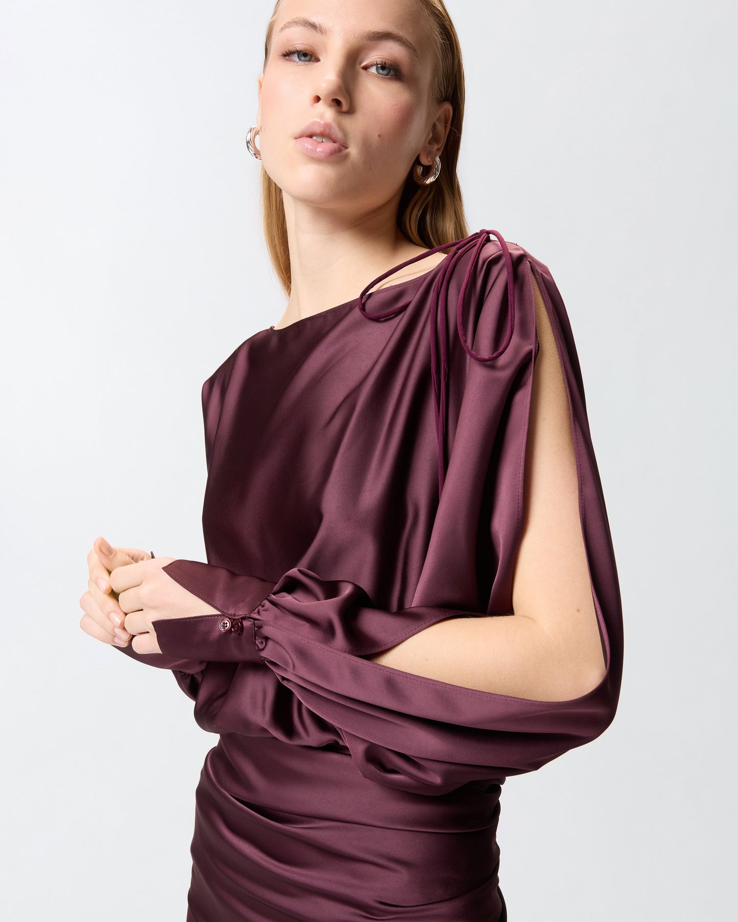 Long satin dress with draping