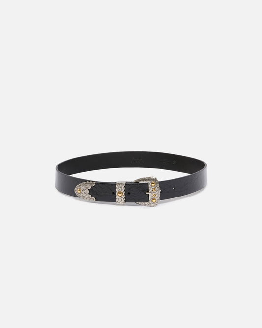 Shiny leather belt with metallic finishes, 3 cm