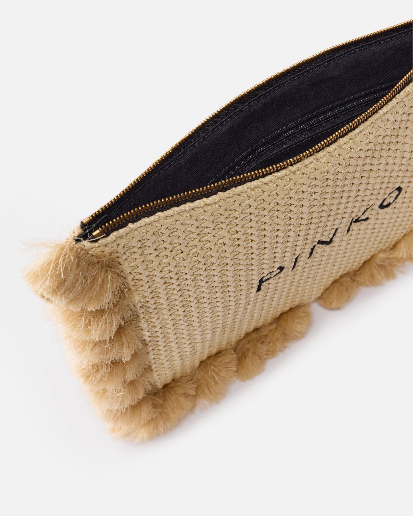 Small raffia clutch with logo and tassels