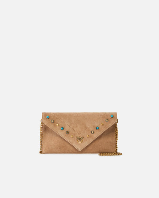 Small clutch bag in suede with studs and shoulder strap