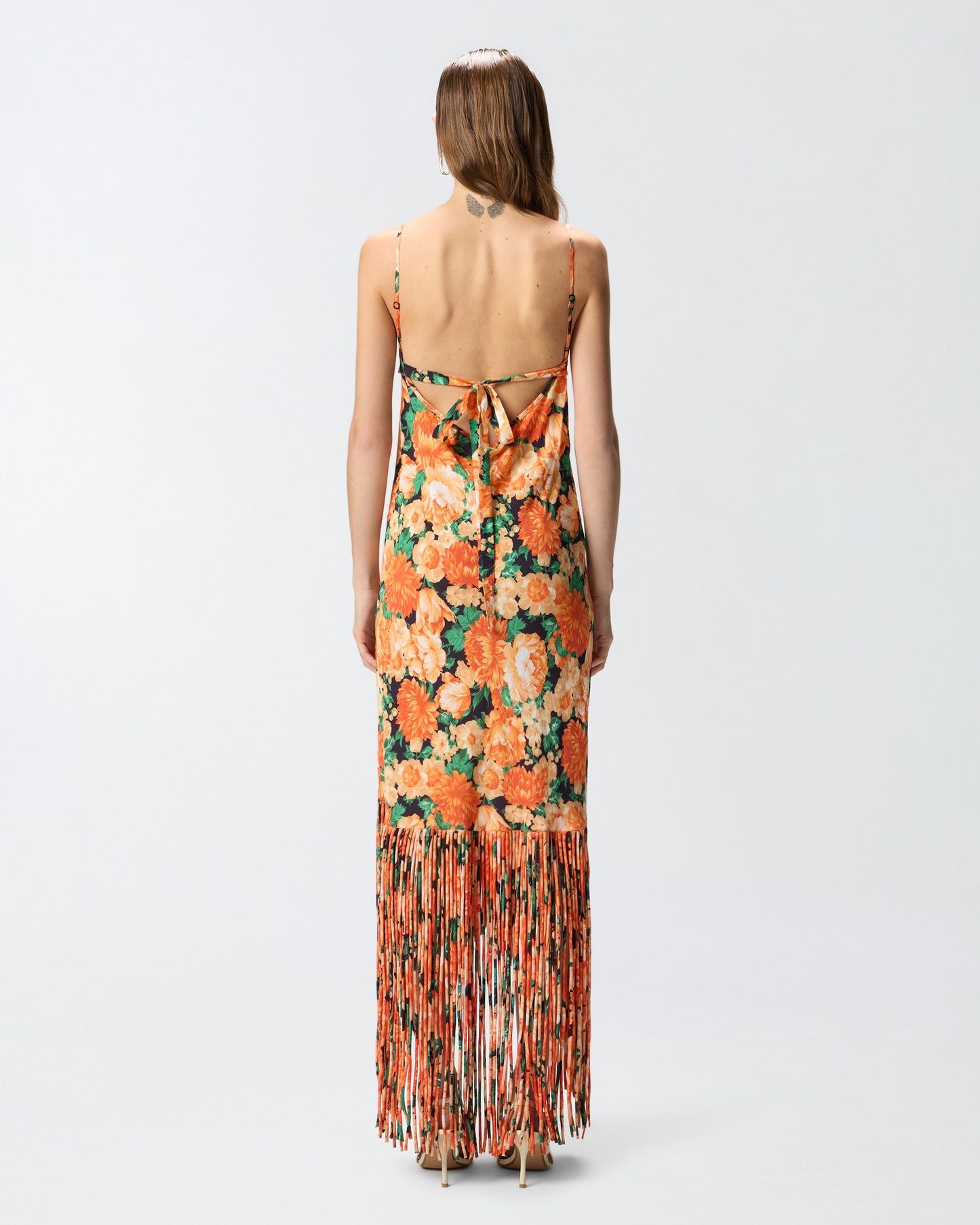 Long dress with fringing and Botanic Garden print