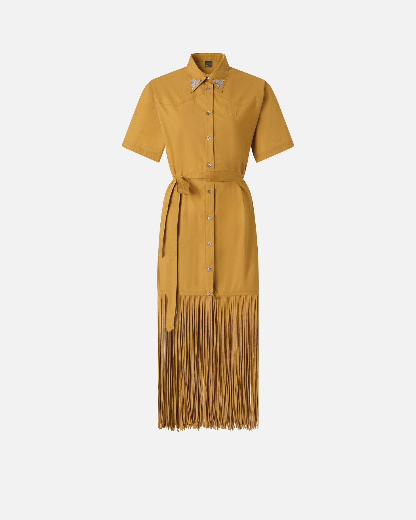Long shirt dress with fringing and metallic details