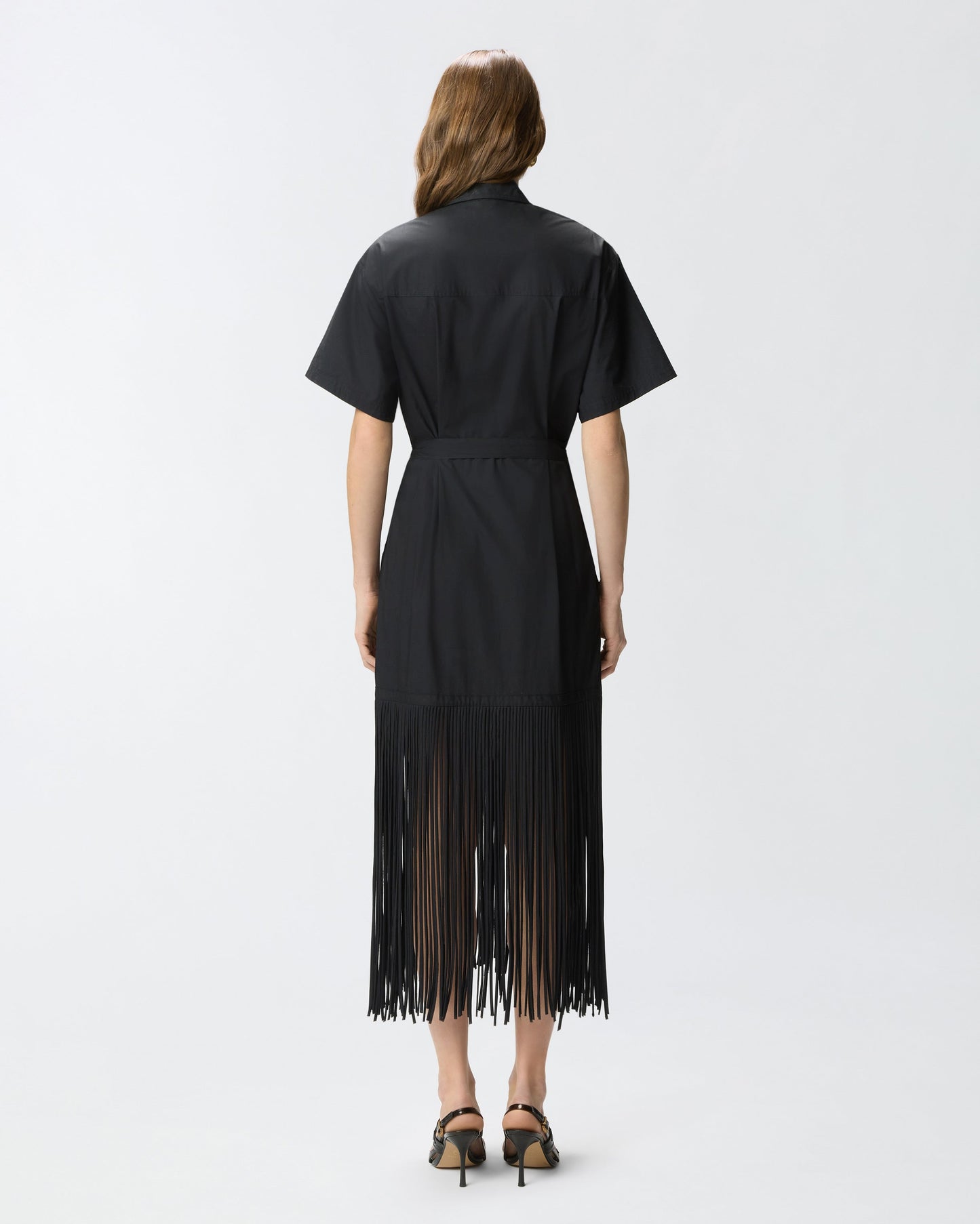 Long shirt dress with fringing and metallic details