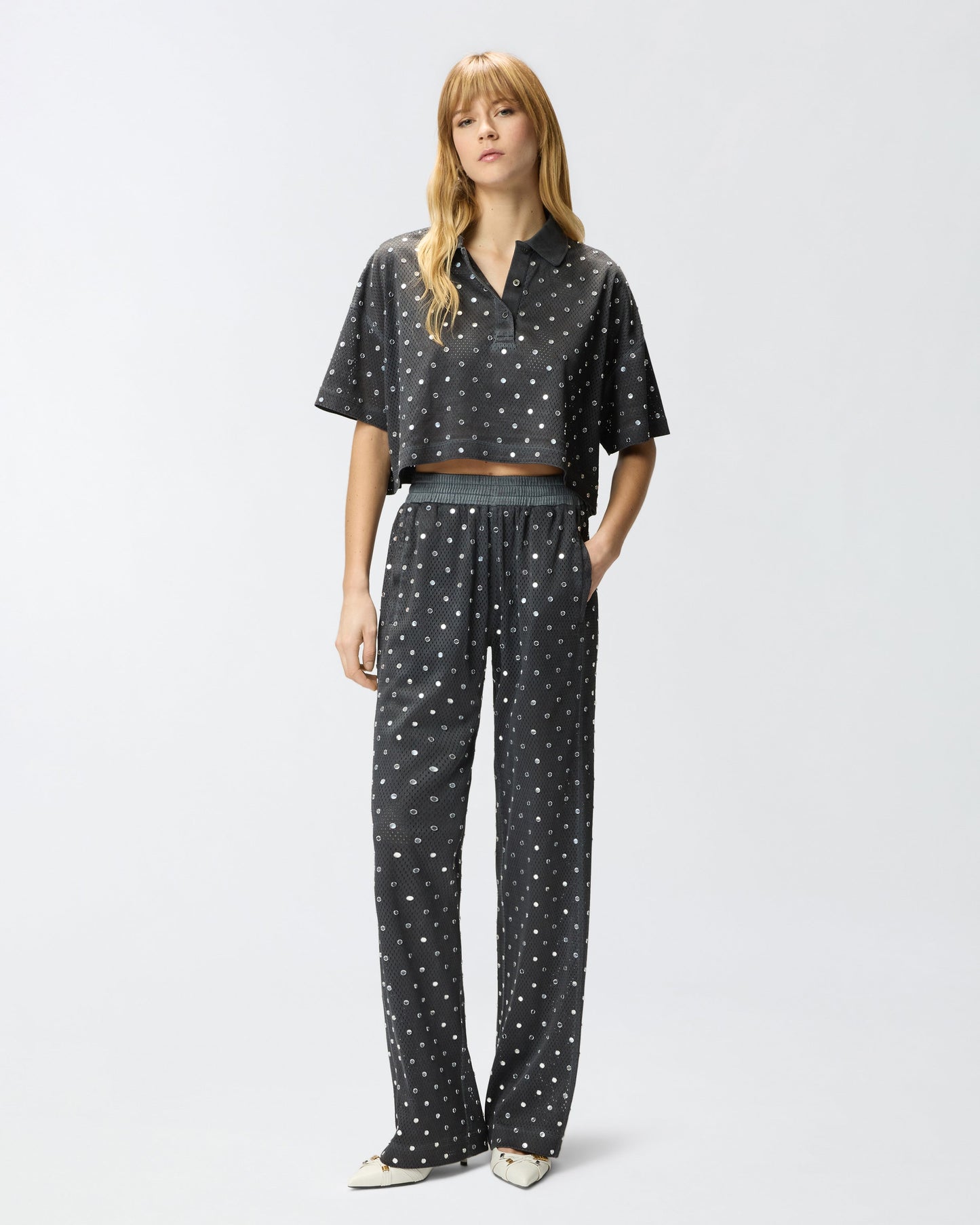 Cropped mesh polo shirt with mirror detail